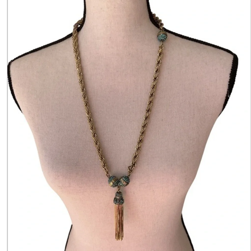 Heidi Daus Gold and Teal Tassel Necklace